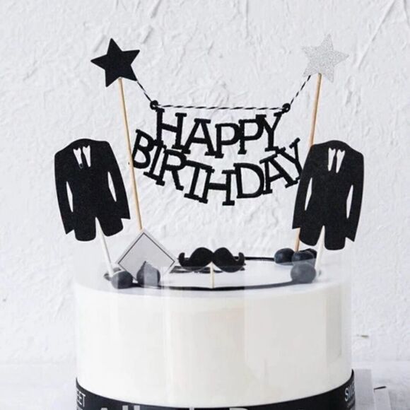 HAPPY Birthday Black & White Stars Cake Topper NWT - Picture 1 of 3